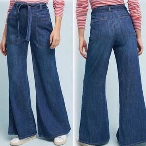 High-Waist Wide Leg Blue Denim Jeans with Tie Belt